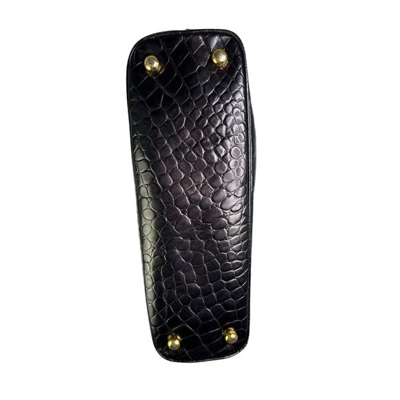 Talbots Handbag Womens Black Faux Crocodile Skin Gold Trim Old Money Classic - Picture 6 of 8